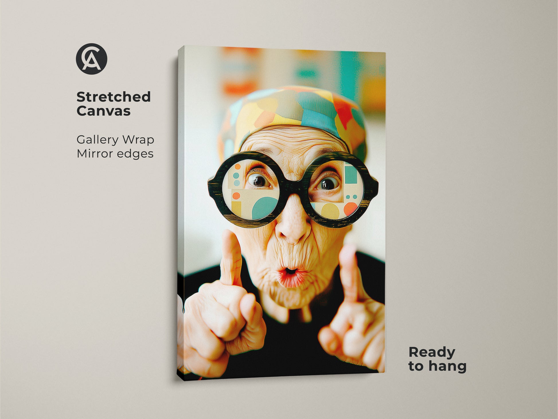 Stretched canvas print of an elderly woman with oversized glasses. The artwork has a gallery wrap with mirrored edges. This canvas art is ready to hang. It offers a modern touch to your home decor. Find unique canvas prints.