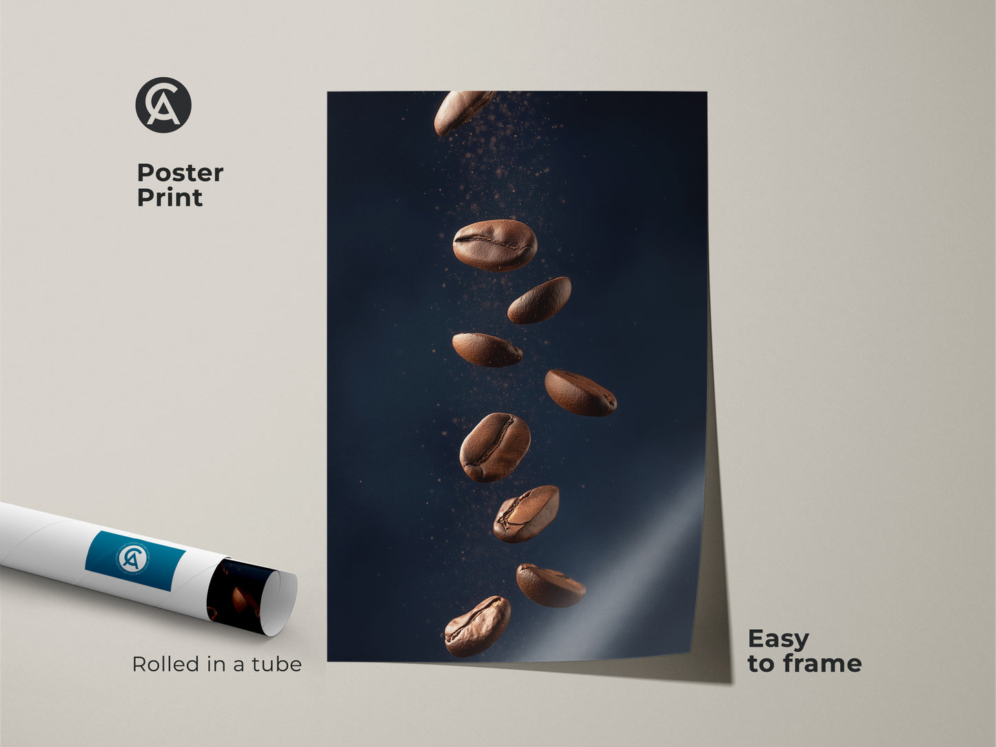 Abstract coffee art poster print rolled in a tube. This minimalist kitchen wall art features falling coffee beans. It's a modern Tan and Dark Blue art print. The contemporary coffee decor is easy to frame and adds style to any room.