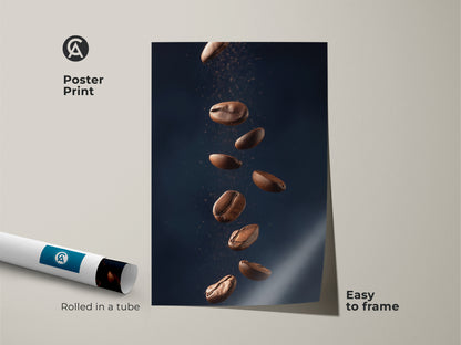 Abstract coffee art poster print rolled in a tube. This minimalist kitchen wall art features falling coffee beans. It's a modern Tan and Dark Blue art print. The contemporary coffee decor is easy to frame and adds style to any room.
