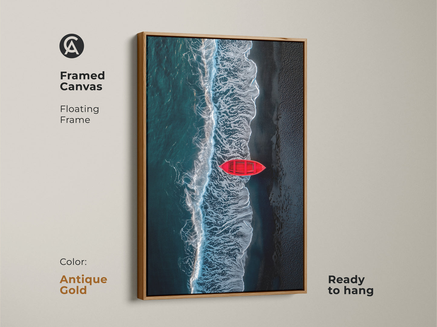 Framed canvas print of a red boat on the beach. The frame is antique gold. Ocean waves crash in this ready to hang artwork. This coastal art will elevate your home decor.