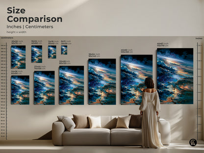 Size comparison of space cloudscape art prints. See inches and centimeters for canvas and poster sizes. Visualize artwork from 8x12 to 45x67 inches. Find the ideal scale for your space. Choose the best cosmic art to complement your interior.