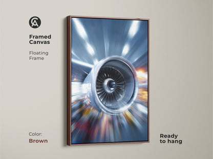 Abstract jet engine canvas art with a brown floating frame. The industrial technology print features metallic blue and silver tones. This modern machinery artwork is ideal for office or home decor. It adds a touch of innovation and sophistication to any space. Perfect for F1 fans.