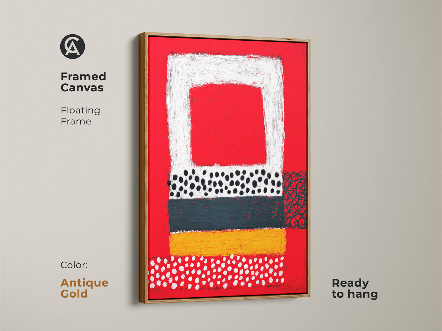 Framed canvas floating frame in antique gold. It presents a contemporary abstract artwork. Notice the red yellow teal and black geometric shapes. A unique wall hanging art piece ready to hang. Perfect as a housewarming gift.