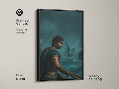 Framed canvas showcasing historical maritime art. This warrior sailing ship print in navy gold and teal adds epic adventure to any room. Enhance your study room with this unique wall decor. The black floating frame around this gift for history lovers enhances a man cave wall hanging. Classic maritime decor