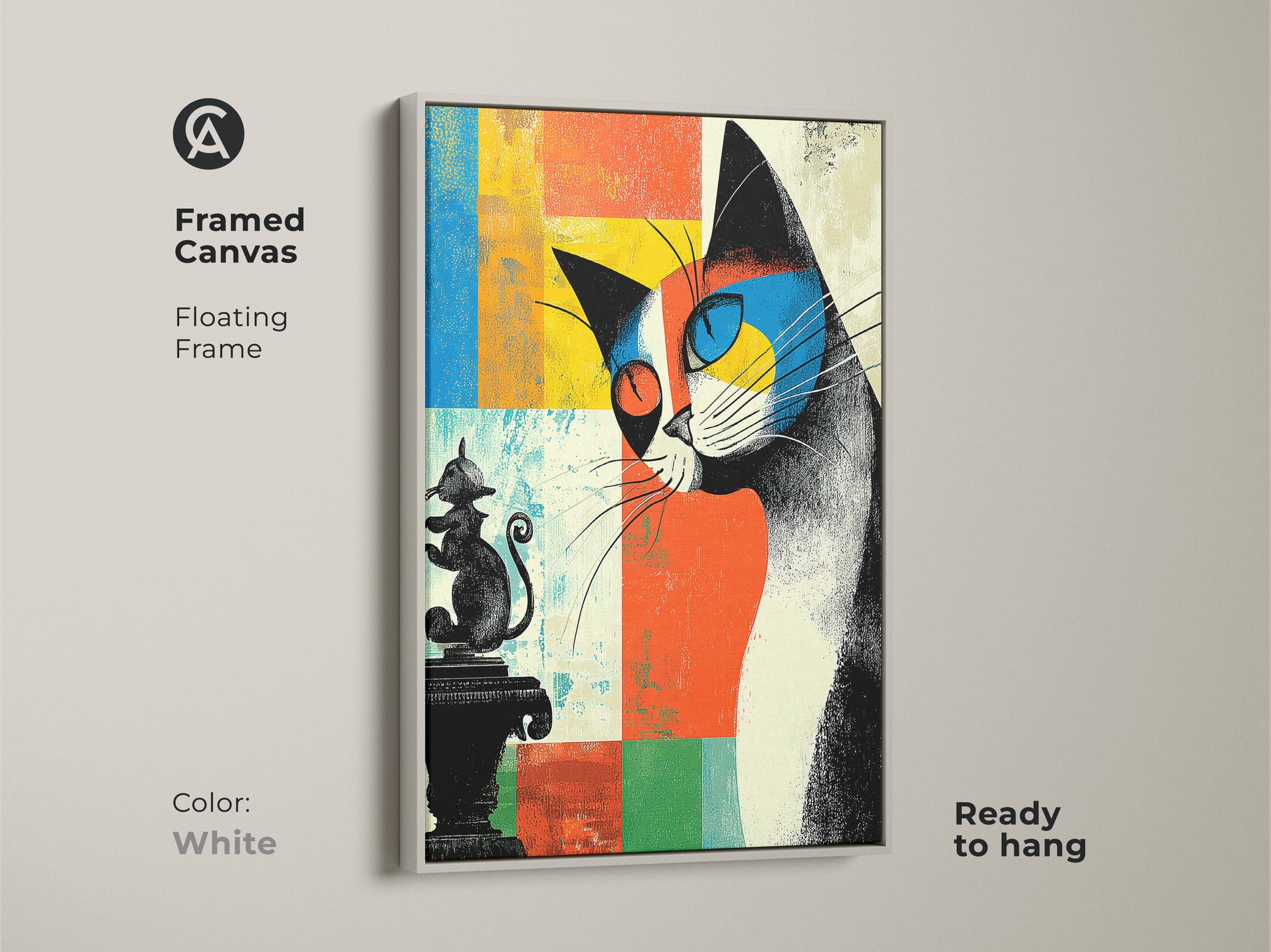 Framed canvas abstract cat art with a white floating frame. This mid-century modern eclectic artwork features orange blue and yellow colors. Ready to hang this is great for cat lovers.