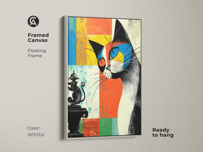 Framed canvas abstract cat art with a white floating frame. This mid-century modern eclectic artwork features orange blue and yellow colors. Ready to hang this is great for cat lovers.
