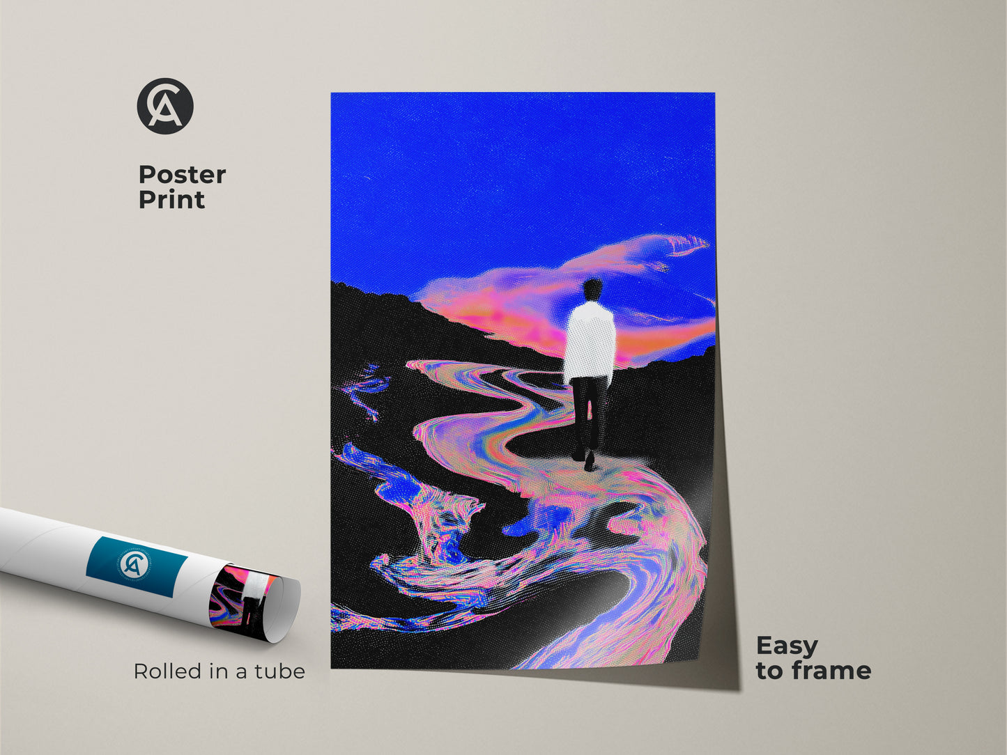 Poster Print of a surreal landscape. It features glitch art wall decor. Abstract figurative painting. The electric blue and pink art print is easy to frame. Showcases a man walking by a river.