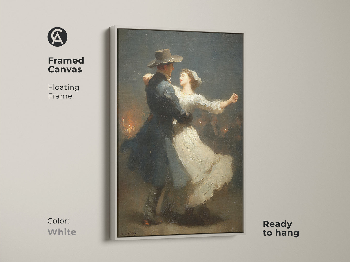 See the romantic couple dancing art in a framed canvas. The classical Victorian art has a floating white frame. This dark blue wall art is ready to hang. An ideal anniversary gift for couples. This white romance art enhances romantic home decor.