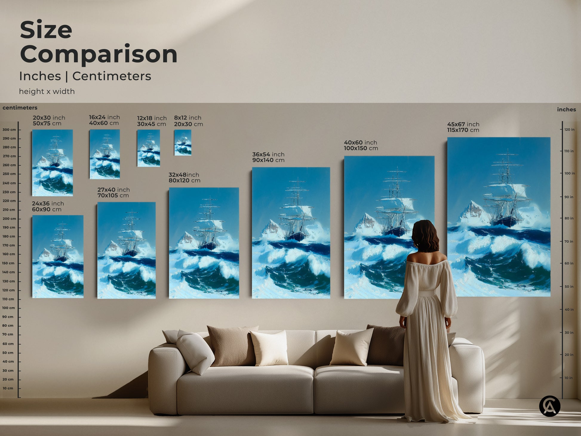 See a size comparison of nautical art featuring a tall ship. This maritime artwork shows the ship navigating an ocean storm near an iceberg. Various sizes are displayed within a living room setting. Perfect for adding a touch of adventure to your home or office decor.