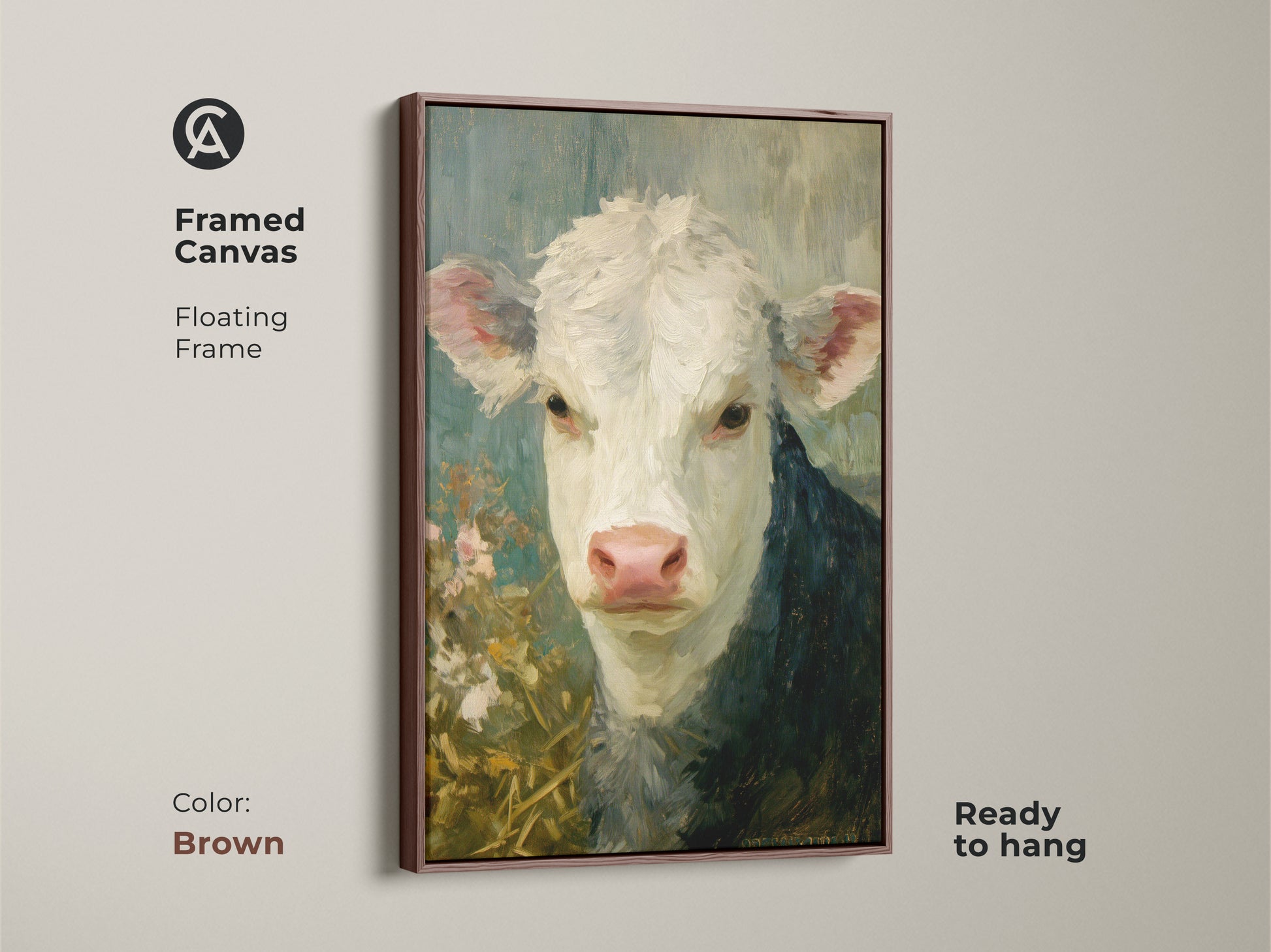 A framed canvas displays a hereford calf painting with a floating brown frame. This ready-to-hang art piece brings warmth and character to any room. Enhance your home with this charming farm animal artwork.