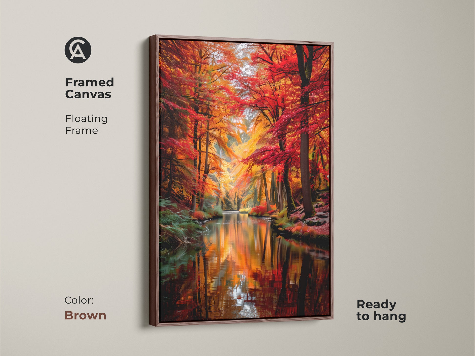 Enhance your space with this framed canvas displaying an autumn forest. The brown floating frame highlights the fall colors in this nature scenery artwork. The river landscape print brings a cozy touch to any room. It comes ready to hang creating an inviting atmosphere. Ideal for contemporary home decor.