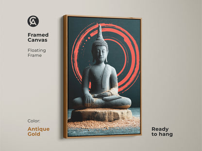 Antique gold framed canvas featuring Japandi Zen Buddha artwork. This floating frame accentuates the minimalist meditation art style. Coral Zen circle adds a spiritual element. The ready to hang artwork will bring peace to your home.