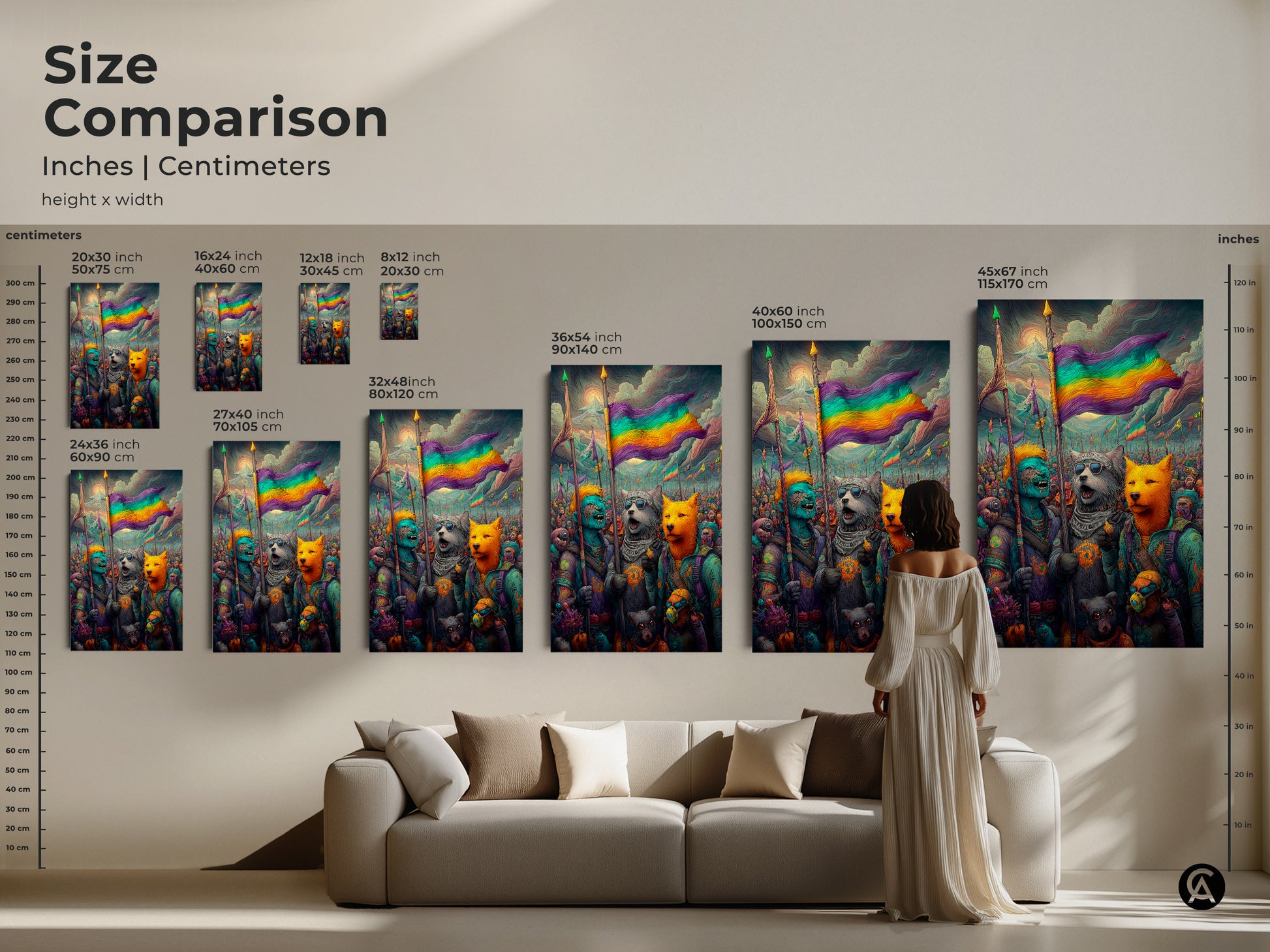 This image shows a size comparison of the artwork in inches and centimeters. There is a person standing next to the artwork to show the scale. The artwork is available in various sizes to fit different spaces.
