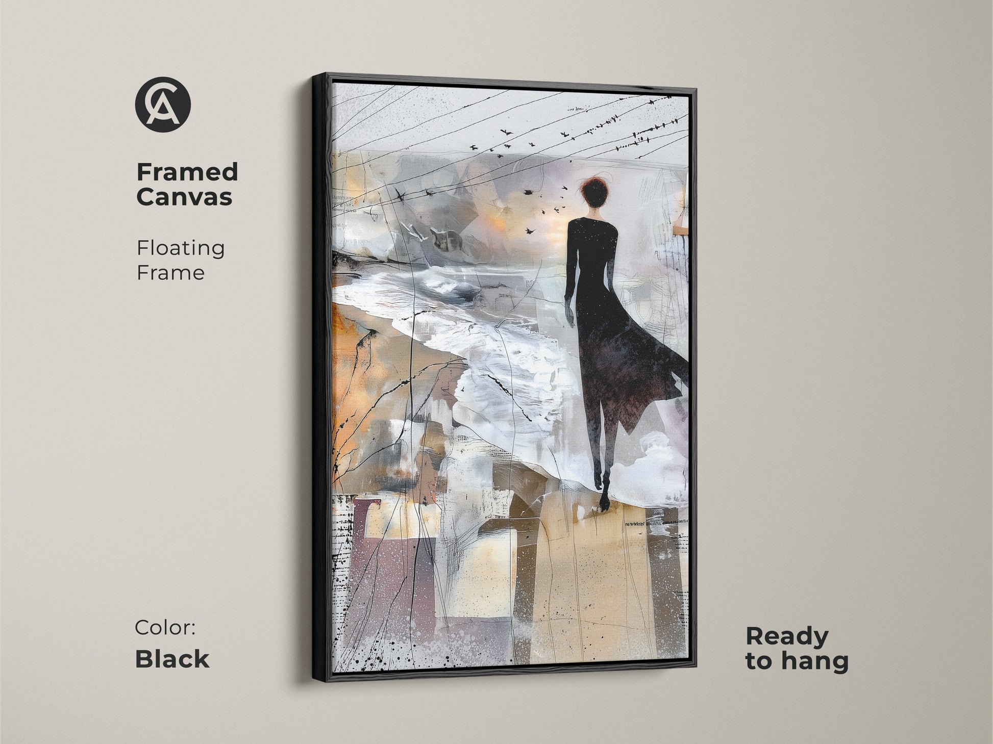 Black framed canvas showing a Brown White and Grey abstract art print. A woman and birds on canvas make up this contemporary figurative landscape wall decor. Ready to hang for any bedroom.