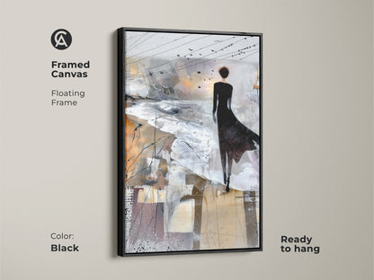 Black framed canvas showing a Brown White and Grey abstract art print. A woman and birds on canvas make up this contemporary figurative landscape wall decor. Ready to hang for any bedroom.