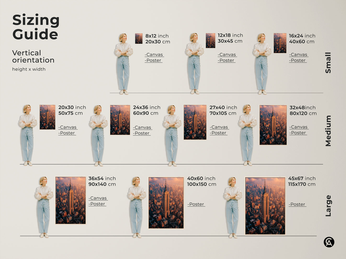 Sizing guide for the Vertical Empire State Building canvas and poster. Available in small medium and large sizes. Choose from 8x12 inch to 45x67 inch options. Perfect for various spaces and preferences. See the art in different sizes compared to a person. Find the ideal fit for your home office or apartment.