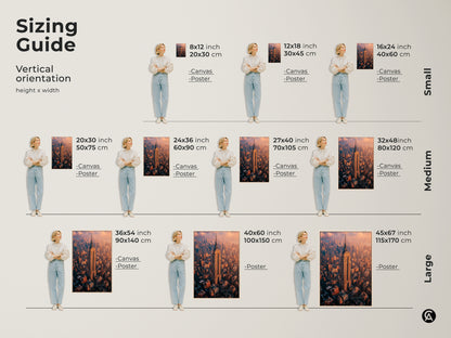 Sizing guide for the Vertical Empire State Building canvas and poster. Available in small medium and large sizes. Choose from 8x12 inch to 45x67 inch options. Perfect for various spaces and preferences. See the art in different sizes compared to a person. Find the ideal fit for your home office or apartment.