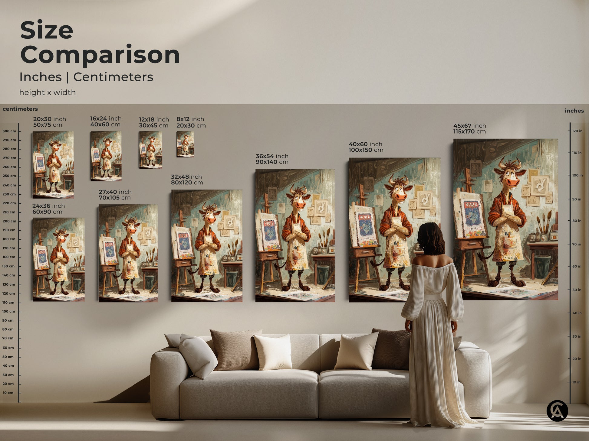 Size comparison of the cartoon cow artist print in inches and centimeters. See how the whimsical cow wall art fits above a sofa. Choose from various sizes for canvas or poster options. Ideal eclectic animal artwork for any living space.