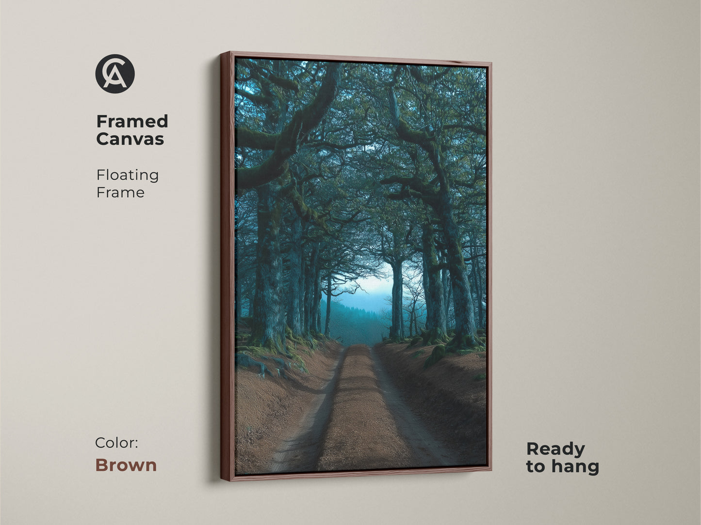 A framed canvas with a floating frame presents a tree tunnel in emerald hues. This dark academia landscape artwork is ready to hang. The brown frame complements the natural landscape wall decor beautifully.