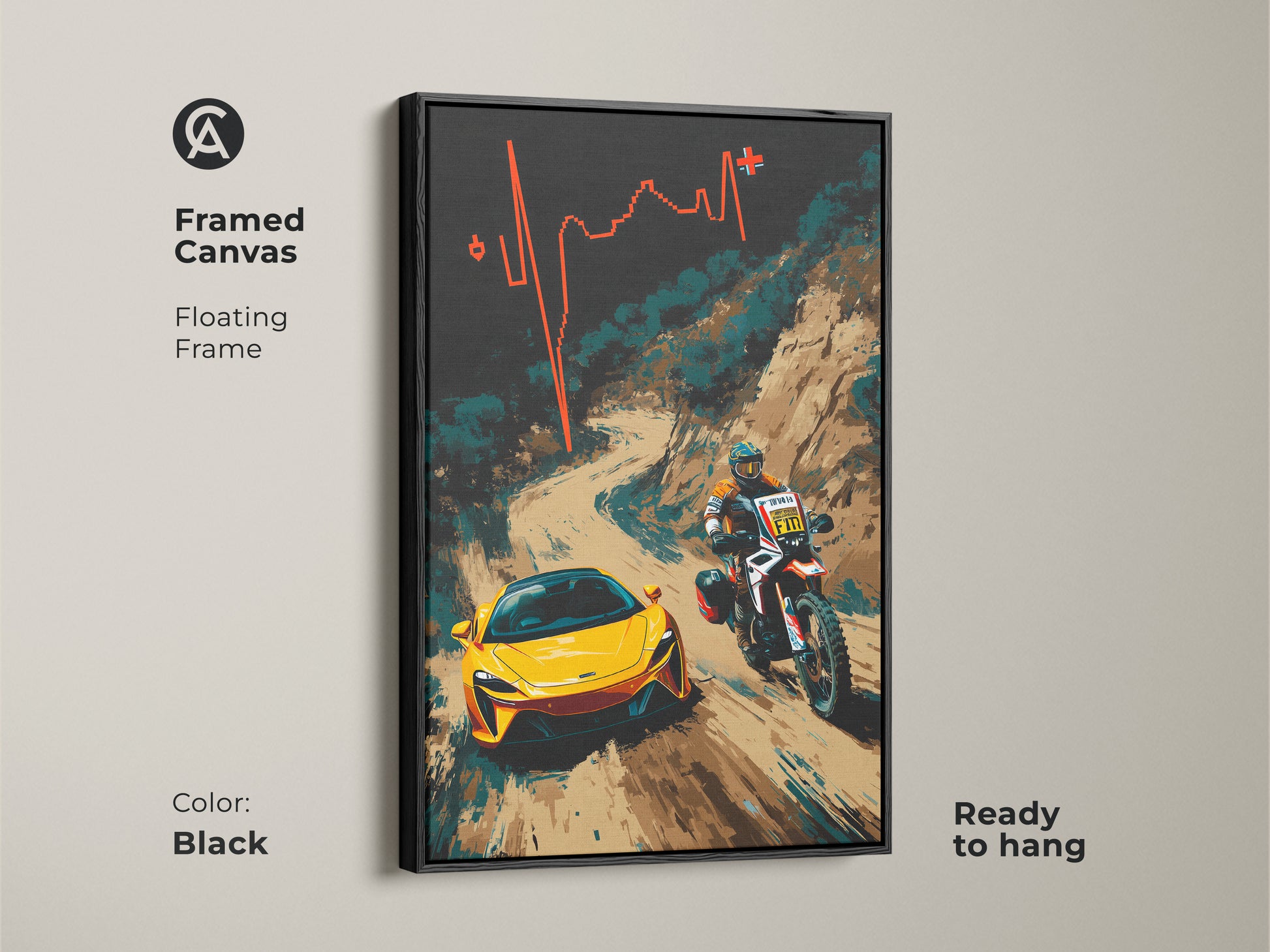 Elevate your space with this framed canvas art. The floating black frame enhances this abstract motorcycle art featuring a yellow sports car and dirt bike rider. Ready to hang this piece brings contemporary energy to any room. It's ideal for motorsport enthusiasts and F1 fans seeking stylish wall decor. Add a unique piece to your collection.