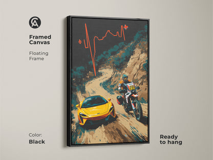 Elevate your space with this framed canvas art. The floating black frame enhances this abstract motorcycle art featuring a yellow sports car and dirt bike rider. Ready to hang this piece brings contemporary energy to any room. It's ideal for motorsport enthusiasts and F1 fans seeking stylish wall decor. Add a unique piece to your collection.