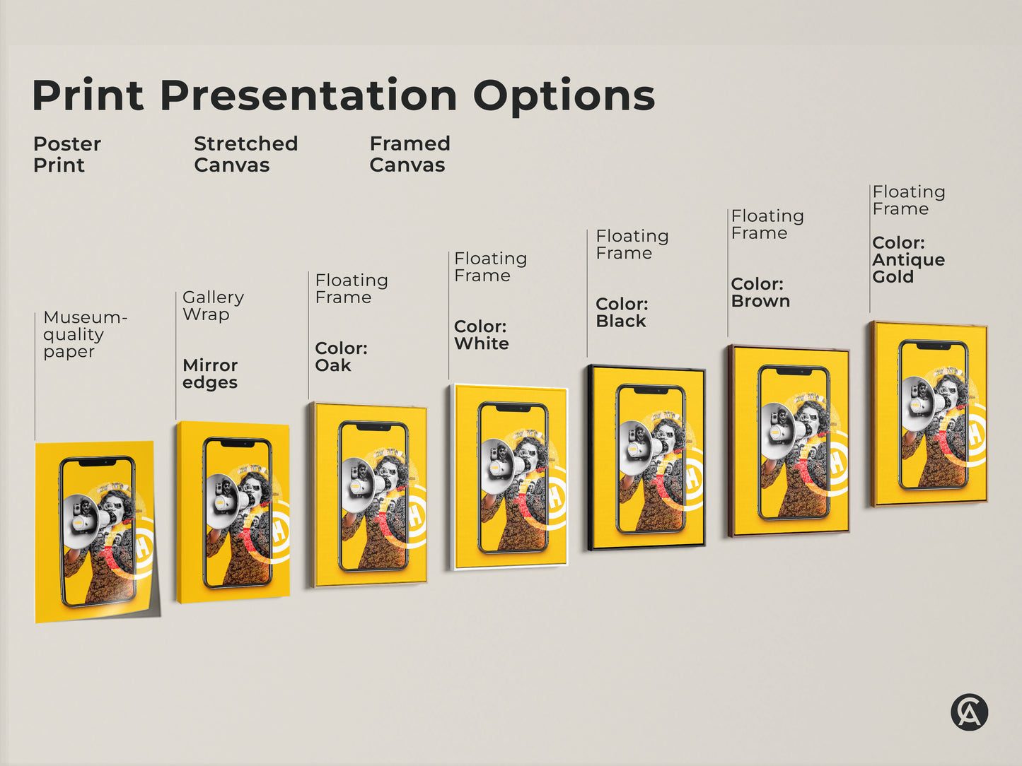 Explore print presentation options with this surrealist collage. Choose from poster stretched canvas or framed canvas artwork. Featuring a megaphone and smartphone this eclectic pop culture is ideal for adding a tech theme to your home office.