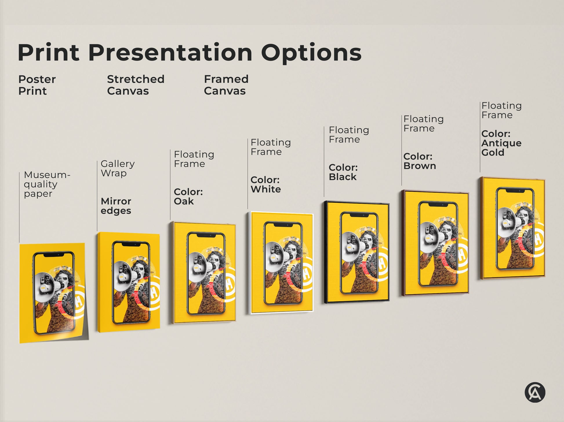 Explore print presentation options with this surrealist collage. Choose from poster stretched canvas or framed canvas artwork. Featuring a megaphone and smartphone this eclectic pop culture is ideal for adding a tech theme to your home office.