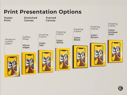 Explore print presentation options with this surrealist collage. Choose from poster stretched canvas or framed canvas artwork. Featuring a megaphone and smartphone this eclectic pop culture is ideal for adding a tech theme to your home office.