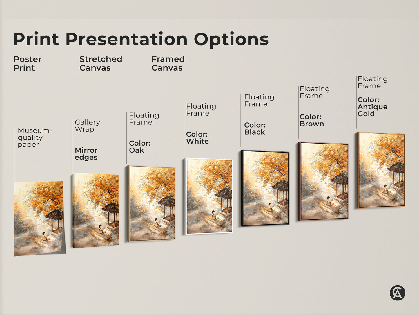 Explore print presentation options for this beautiful autumn artwork. Choose from poster prints stretched canvas or framed canvas. Each offers a unique way to display this charming scene.