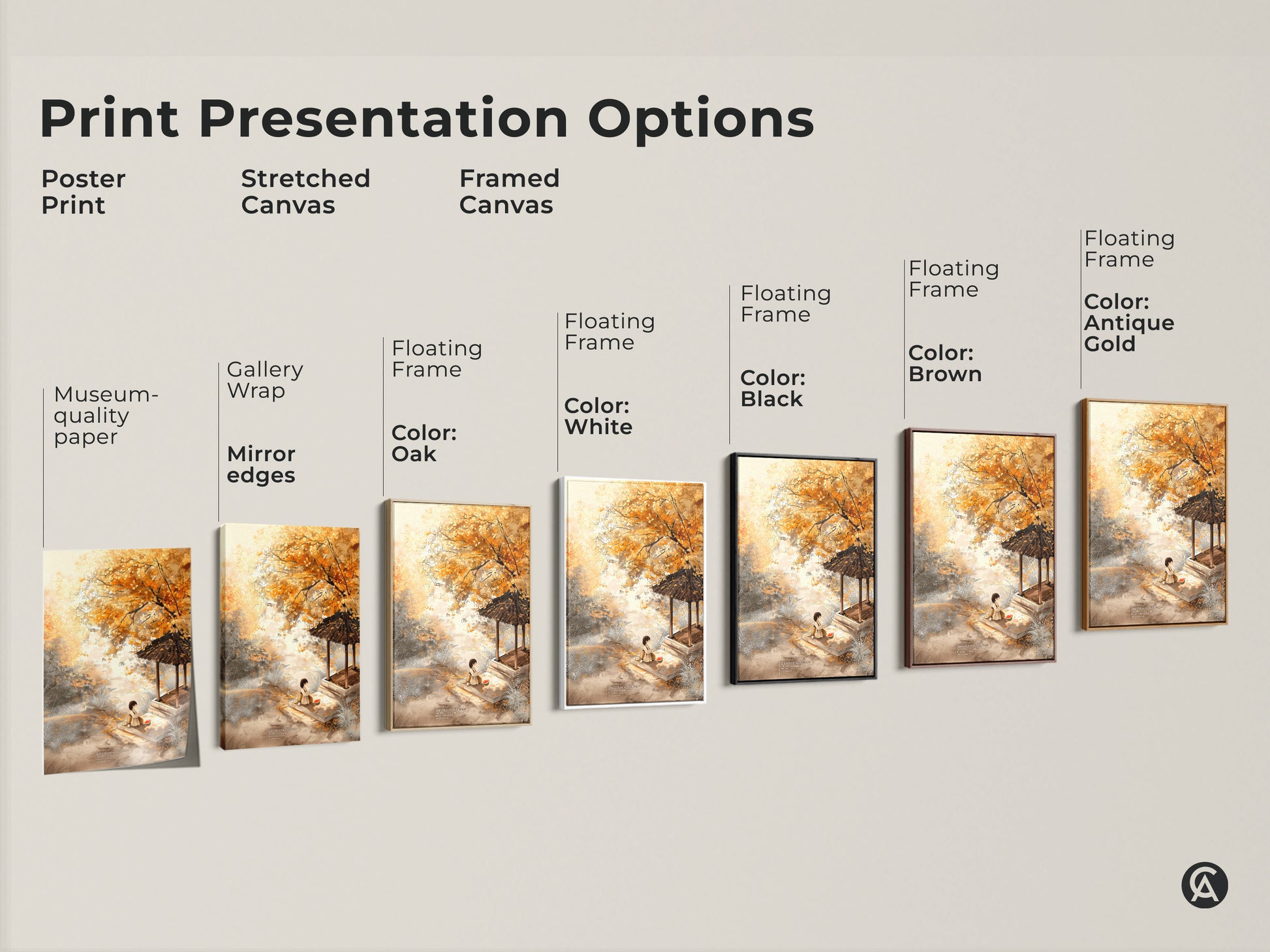 Explore print presentation options for this beautiful autumn artwork. Choose from poster prints stretched canvas or framed canvas. Each offers a unique way to display this charming scene.