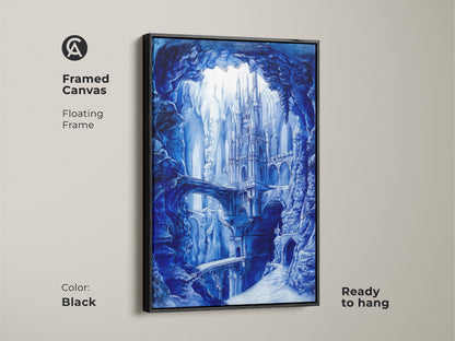 Framed canvas featuring a blue monochrome castle scene. The art is displayed with a sleek black floating frame. It's ready to hang adding a modern and sophisticated touch to your wall art collection.