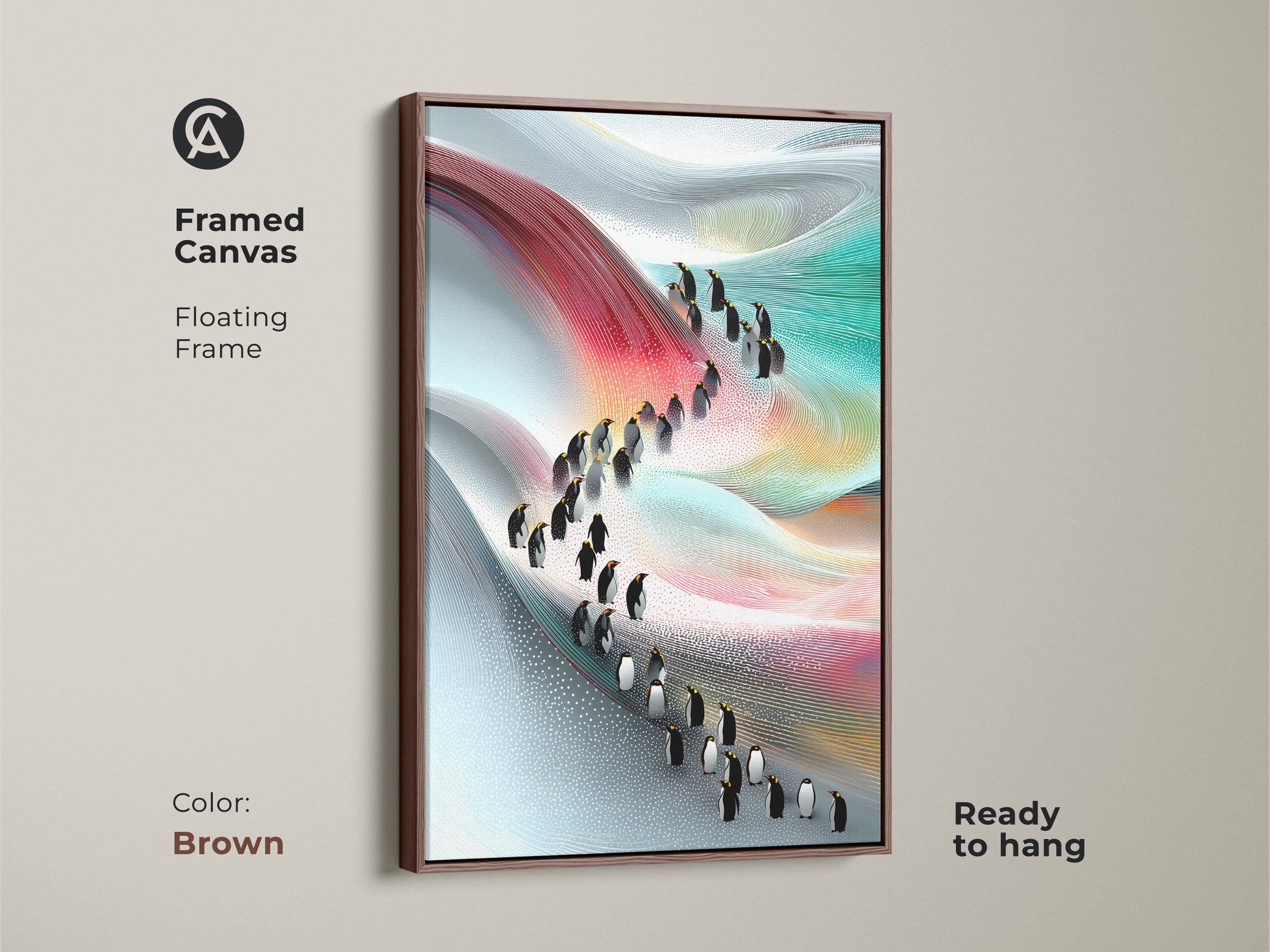Framed canvas with a floating frame displaying an abstract penguin painting in a floating brown frame. The contemporary artwork features a modern blend of red blue and teal offering a touch of nature inspired artwork. Perfect as unique wall decor.
