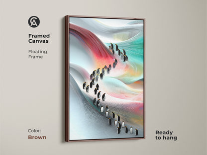 Framed canvas with a floating frame displaying an abstract penguin painting in a floating brown frame. The contemporary artwork features a modern blend of red blue and teal offering a touch of nature inspired artwork. Perfect as unique wall decor.