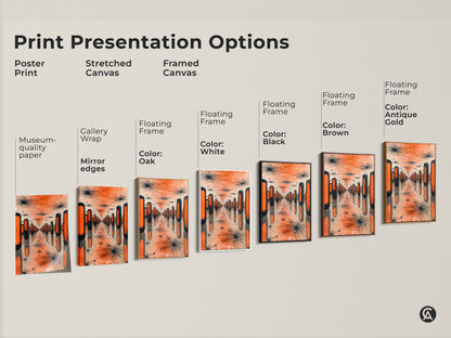 Presentation options for geometric surreal art prints. Choose from poster prints stretched canvas and framed canvas. Museum-quality paper mirror edges and floating frames available. This art transforms any space.