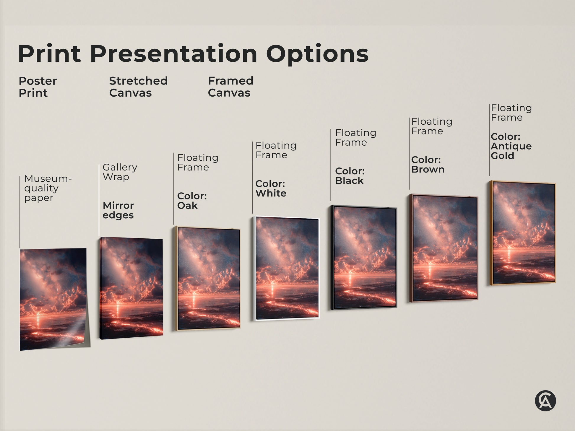 Explore print presentation options for sunset ocean artwork. Choose from poster prints stretched canvas and framed canvas. Options include gallery wrap mirror edges and floating frames in various colors. Find the perfect style to complement your home decor.