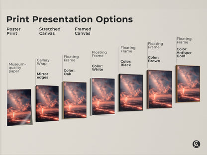 Explore print presentation options for sunset ocean artwork. Choose from poster prints stretched canvas and framed canvas. Options include gallery wrap mirror edges and floating frames in various colors. Find the perfect style to complement your home decor.