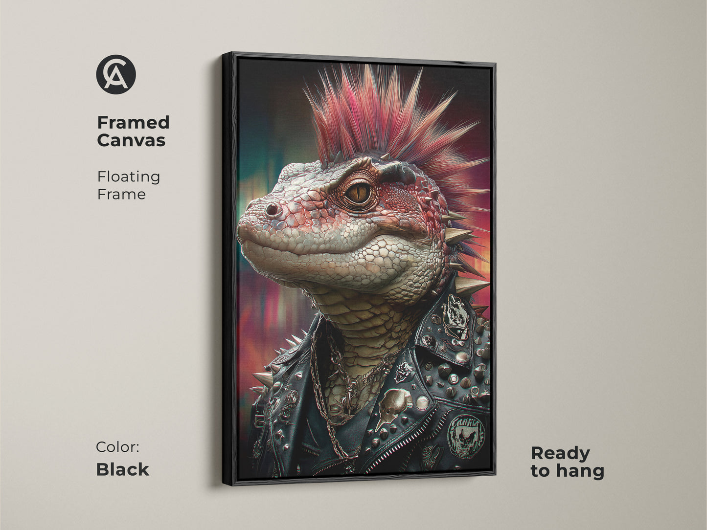 A framed canvas of a punk rock lizard. The floating frame enhances this gothic reptile art. Spiked jacket wall decor adds edge to your space. Black frame complements the alternative punk art. This red mohawk reptile decor is ready to hang for instant style.