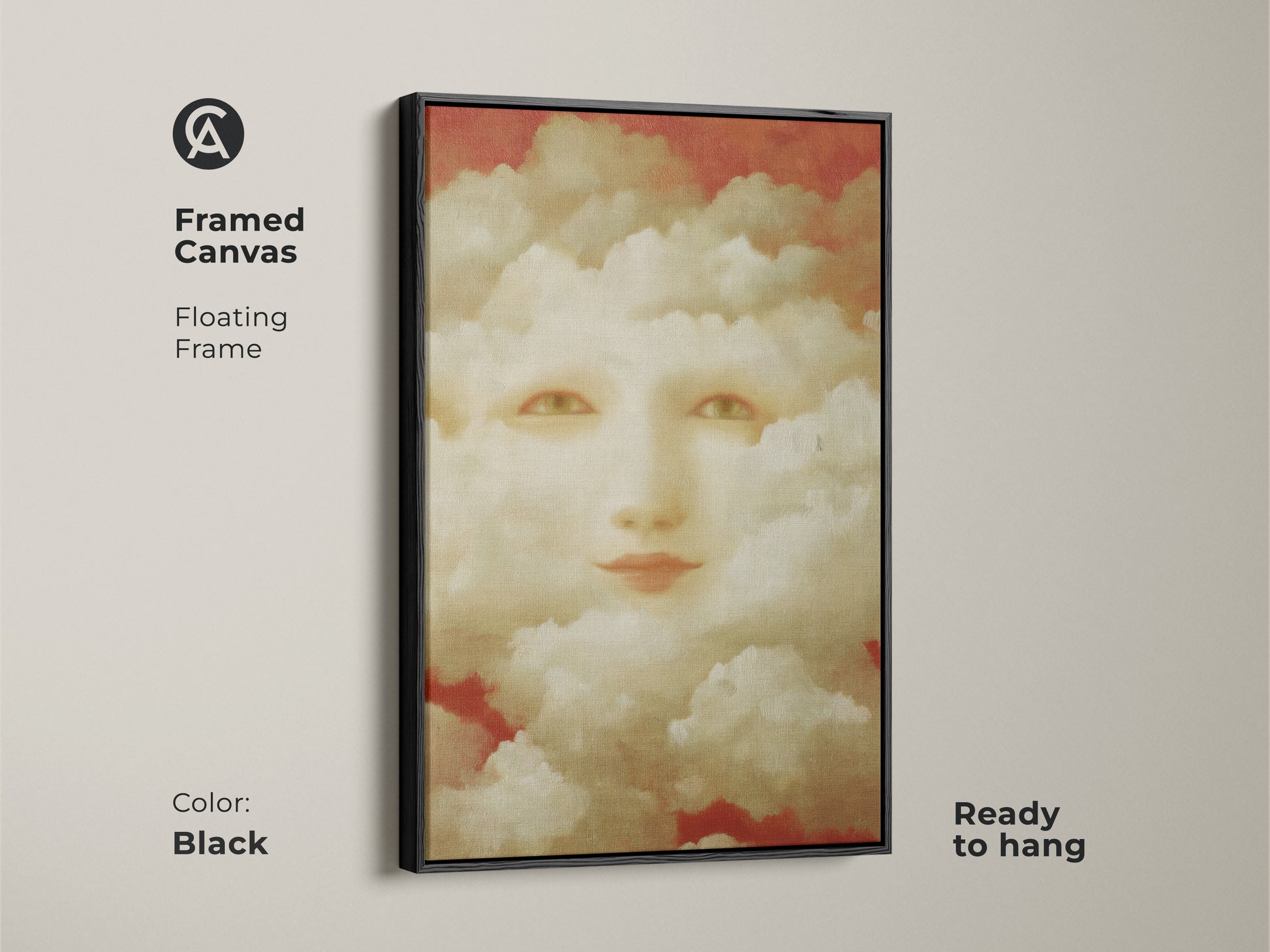This abstract face cloud painting features cream and gold. It is an imaginative wall decor piece. This surrealism-inspired artwork uses gold and terracotta. It is a bohemian home decor art.
