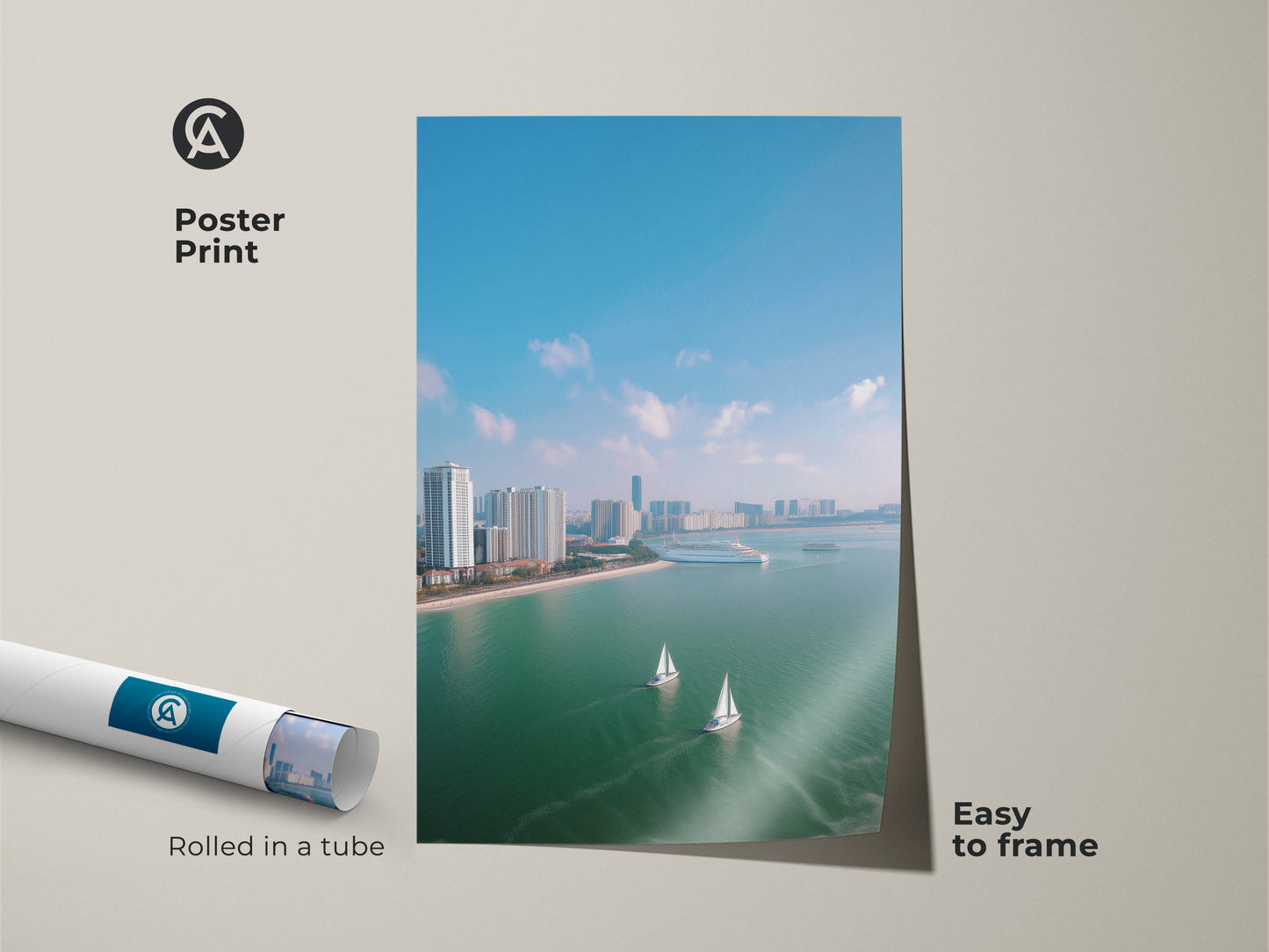 Poster print of an aerial cityscape with sailboats in teal blue tones. An ocean view artwork is easy to frame. This modern travel art piece features a coastal decor canvas with a city skyline. It is perfect for adding a contemporary touch to any room. The artwork enhances a beach house or nautical themed space.