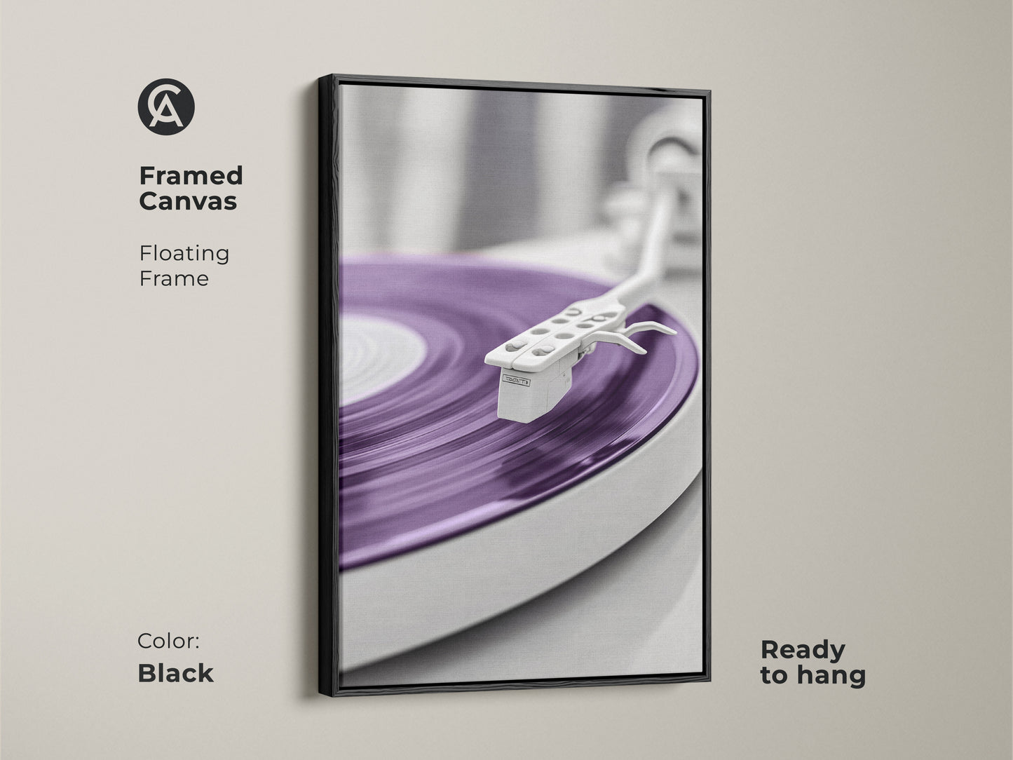 Black framed canvas print of a purple vinyl record. This minimalist mid-century modern turntable artwork is ready to hang. Perfect for adding a retro music vibe to your home office. A stylish gift for music enthusiasts and record collectors.