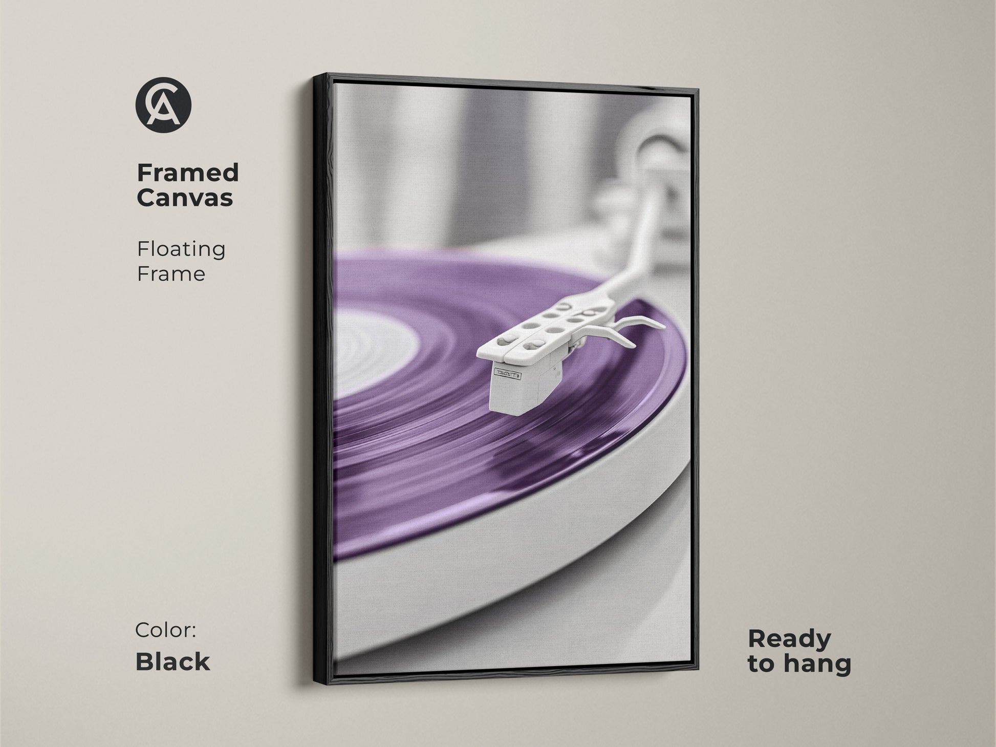 Black framed canvas print of a purple vinyl record. This minimalist mid-century modern turntable artwork is ready to hang. Perfect for adding a retro music vibe to your home office. A stylish gift for music enthusiasts and record collectors.