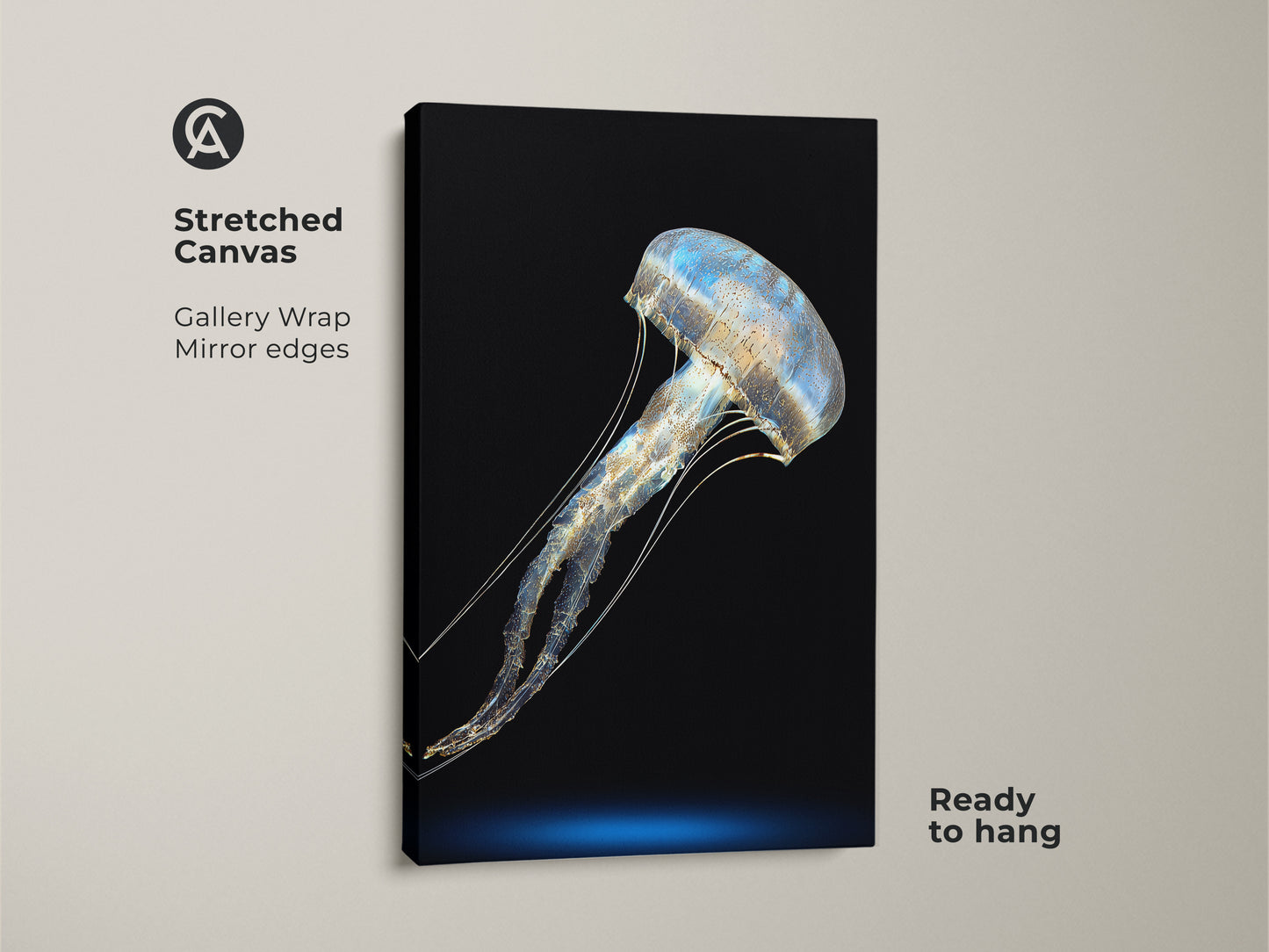 Stretched canvas featuring an abstract jellyfish. The blue and gold print uses minimalist ocean canvas art. Ready to hang marine life wall decor for a contemporary bedroom. A unique housewarming gift of abstract sea creature art.