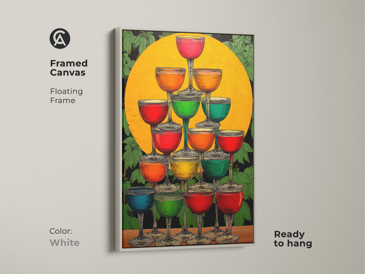 White framed canvas of an Art Deco Champagne Tower. Featuring vibrant cocktail glasses art in yellow orange and green colors. A refreshing addition to your eclectic home or bar artwork that is ready to hang.