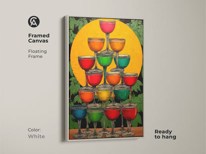 White framed canvas of an Art Deco Champagne Tower. Featuring vibrant cocktail glasses art in yellow orange and green colors. A refreshing addition to your eclectic home or bar artwork that is ready to hang.