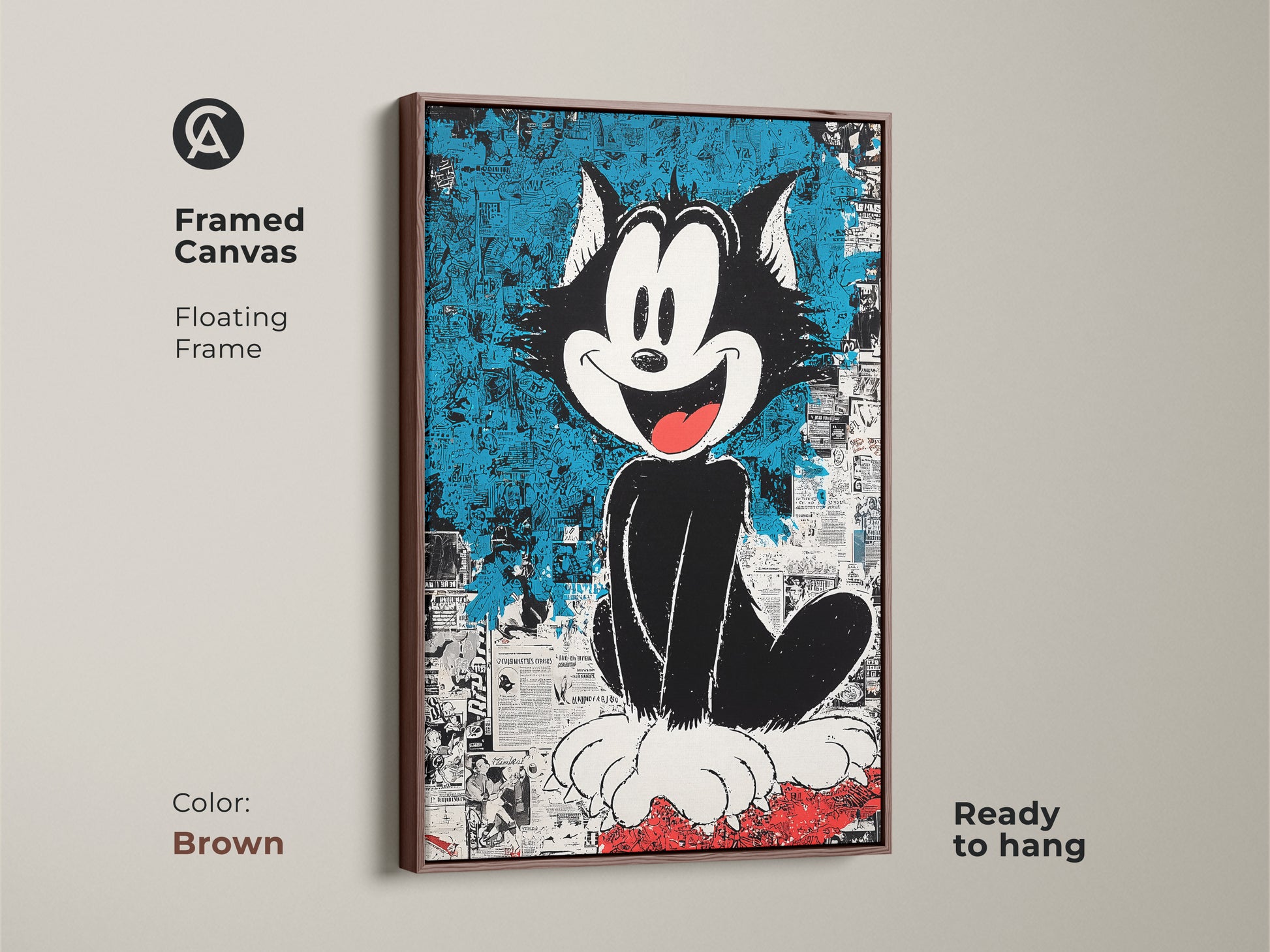 Framed canvas art featuring Felix the Cat. The floating frame enhances the cartoon cat artwork. This is ready to hang. The brown frame adds a warm touch. Ideal for cartoon art collectors.