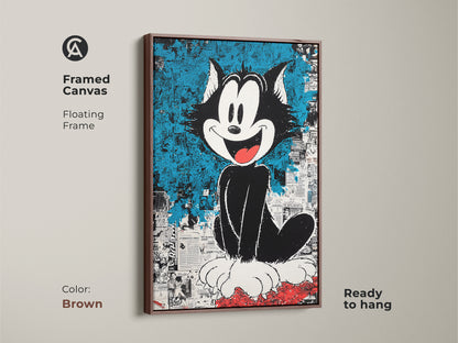 Framed canvas art featuring Felix the Cat. The floating frame enhances the cartoon cat artwork. This is ready to hang. The brown frame adds a warm touch. Ideal for cartoon art collectors.