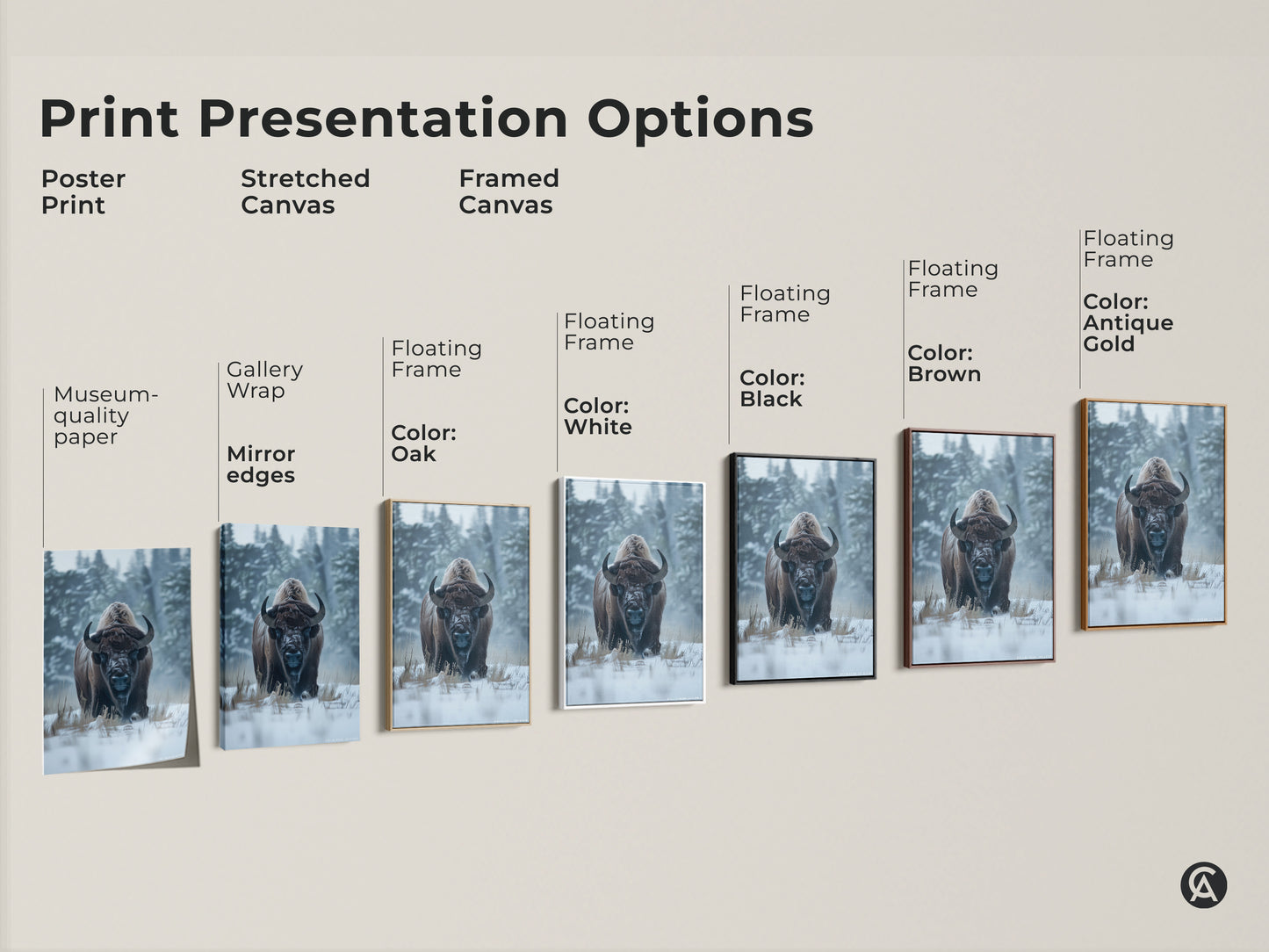Explore print presentation options for bison artwork. Choose from poster prints. Opt for stretched canvas or framed canvas styles. Select a floating frame in various colors like white black brown or antique gold. Find the perfect art for your space.