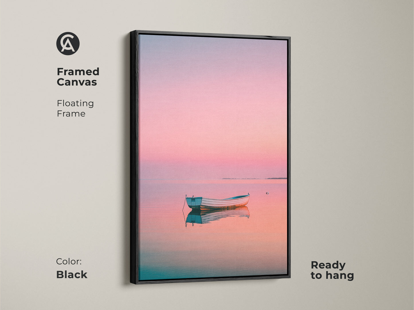Framed canvas showcasing a boat at sunset. The floating frame is black. The artwork is ready to hang. Pastel colors add a peaceful touch. Shop framed art for your living room or bedroom.