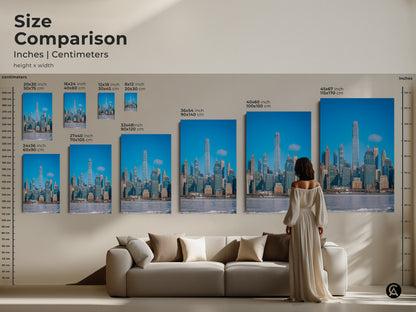 Size comparison of New York City skyline art prints in inches and centimeters. This canvas art is great for modern home decor above the sofa. Choose from various sizes of this blue and gray wall art. Ideal for contemporary spaces.
