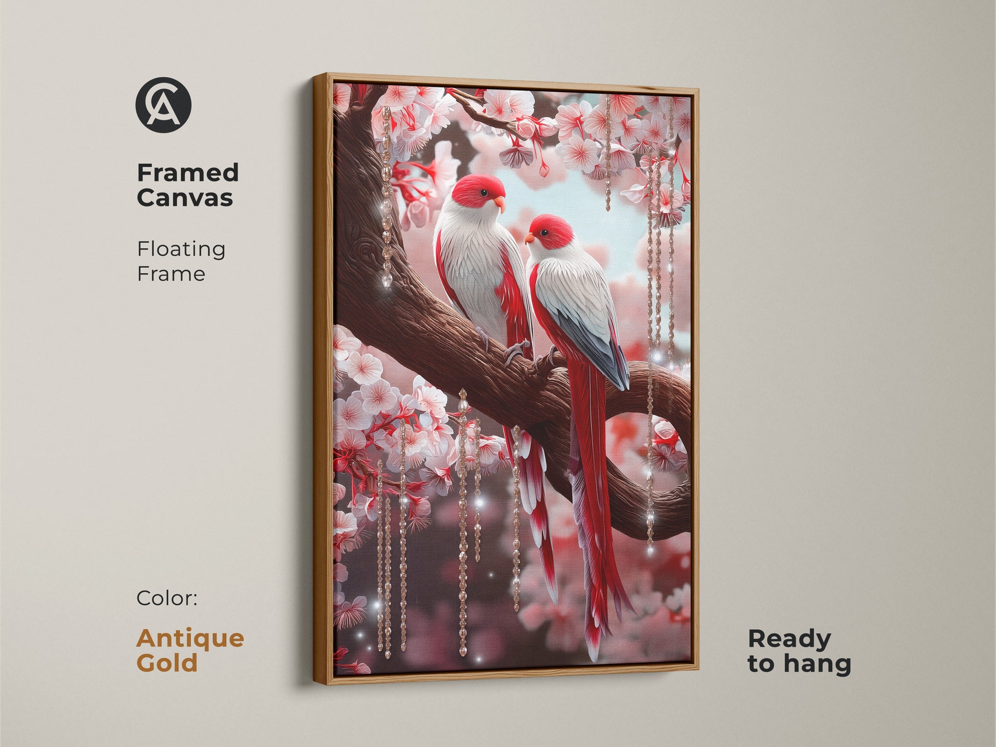Antique gold framed canvas presents lovebirds among cherry blossoms. The red and white birds are adorned with hanging crystals. This botanical bird artwork is ready to hang. Romantic decor is ideal as an anniversary gift.